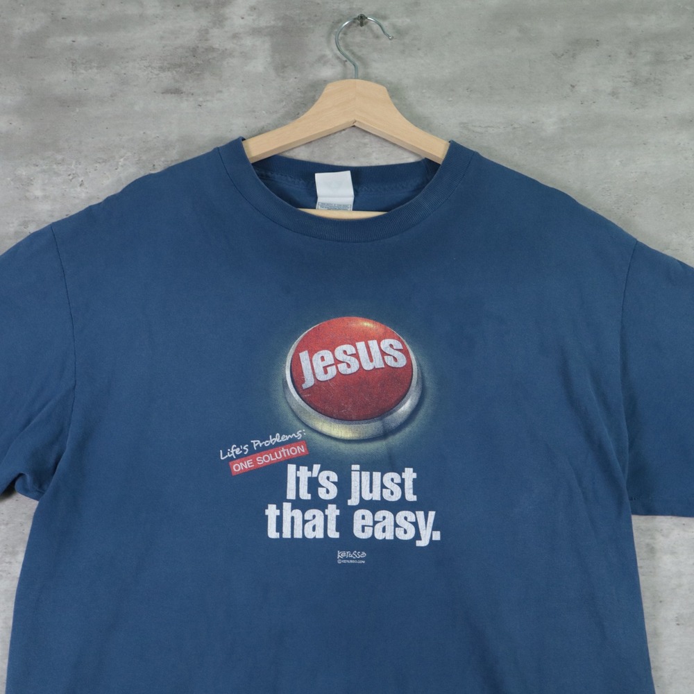 y2k Kerusso Jesus Button Graphic Tee Faded Blue Large Mens